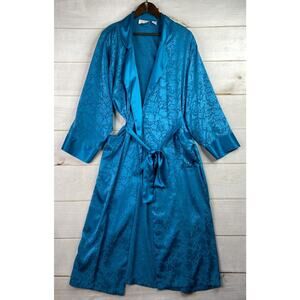 Vtg Victoria's Secret Belted Robe Sz M Teal Blue Gold Label Jacquard Floral Y2K